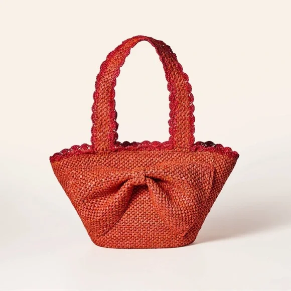 NWT ♠️ Kate Spade Target Raffia Bow Large Tote Bag Red Woven Straw Summer Purse - Picture 7 of 10